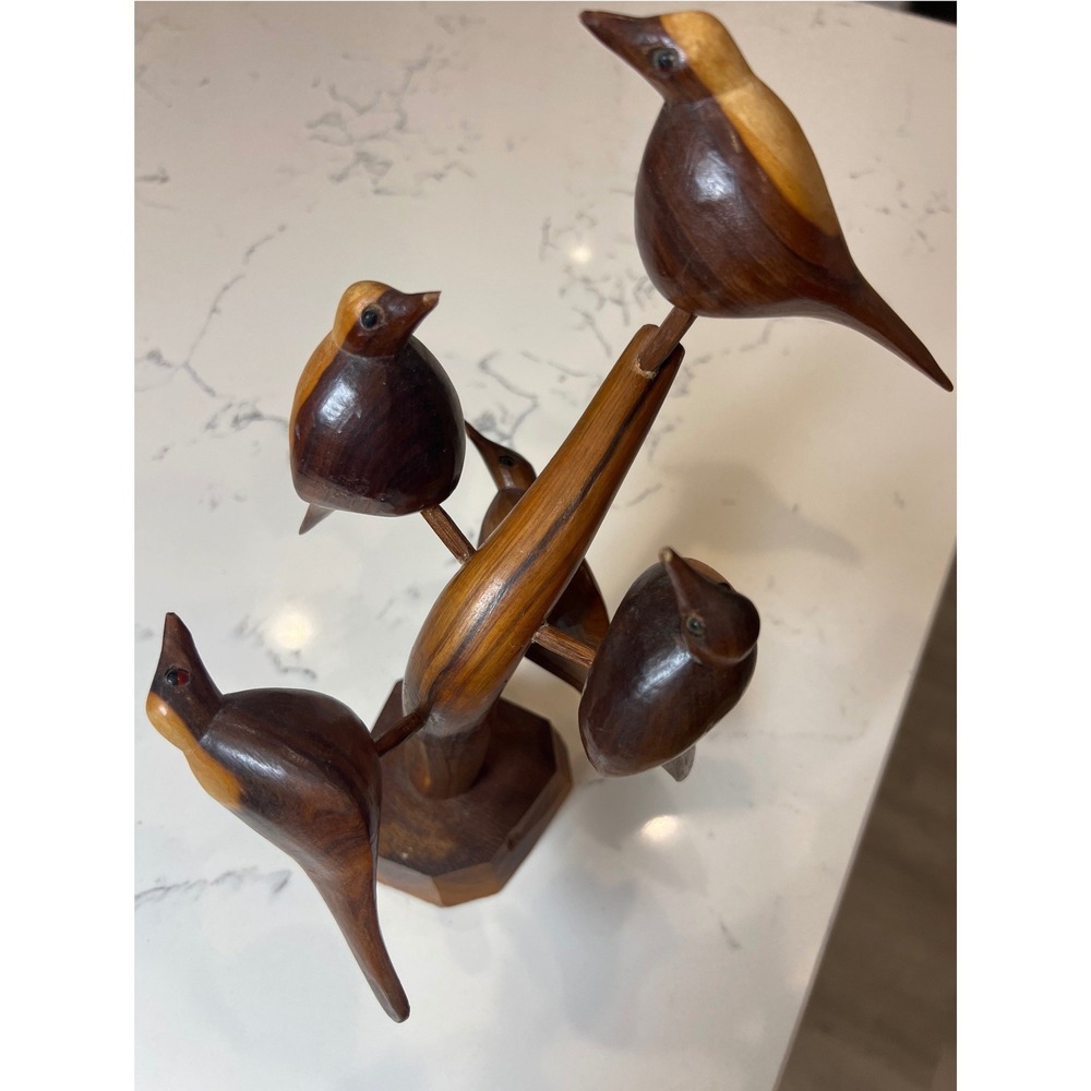Vintage Hand Carved Wood Bird Tree Sculpture 5 Birds on Branch Folk Art MCM - Picture 2 of 12